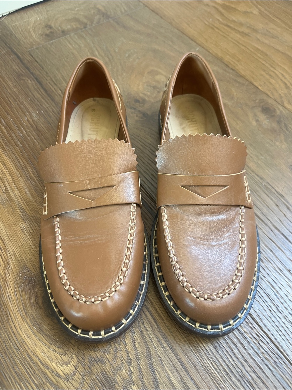 SCHUTZ Tan Leather Penny Loafers with Contrast Stitching